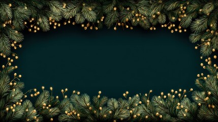 A festive frame composed of realistic evergreen sprigs and gold accents, set against a deep teal backdrop, creating a visually appealing holiday design.