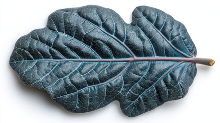 Detailed close-up of a dark teal-colored leaf with prominent veins.