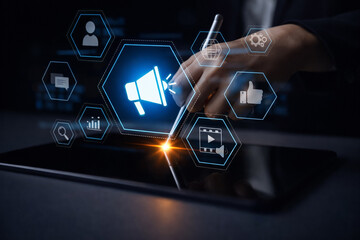 AI generated digital interface with hand using stylus to activate megaphone icon surrounded by marketing analytics media and communication symbols representing modern content promotion strategy