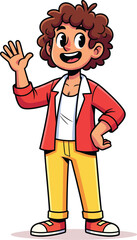 Fototapeta premium Cheerful cartoon boy with curly brown hair in a red jacket waving his hand with a friendly smile.