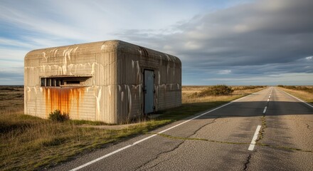 Obraz premium Weathered concrete fortification stands beside a long, straight, empty roadway under a dramatic sky