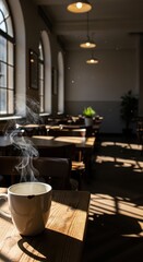 Fototapeta premium Steaming hot beverage sits on a sunlit wooden table inside a dimly lit room with arched windows