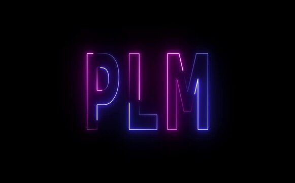 Glowing neon PLM text animates with smooth pulses, rotating data icons, circuit flickers, conveying futuristic product lifecycle management, connectivity, control, and high-tech enterprise systems .