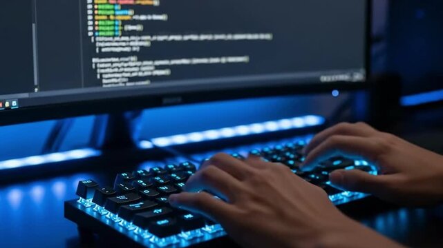 Programmer typing code on a glowing keyboard in a dark room.