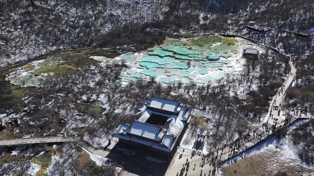 Panorama of multi-colored pond of Huanglong Scenic and Historic Interest Area