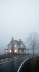 Fototapeta premium Historic farmhouse glows with warm light amidst dense morning fog beside a wet country road