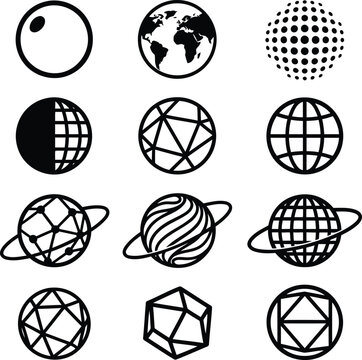 Various planet and globe icons in modern black line style