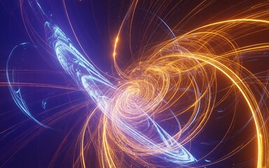 Swirling lines of orange and blue light create a complex, abstract fractal pattern. The glowing strands twist and turn against a dark background, resembling energy fields or cosmic phenomena. 