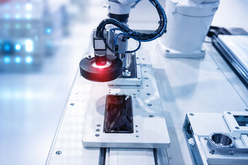 AI generated industrial robotic arm performing precision inspection automated quality control in a clean modern laboratory environment representing advanced manufacturing technology and automation