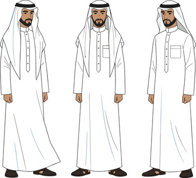 Arab men character illustration set wearing traditional thobe and keffiyeh, flat cartoon people collection isolated on white background