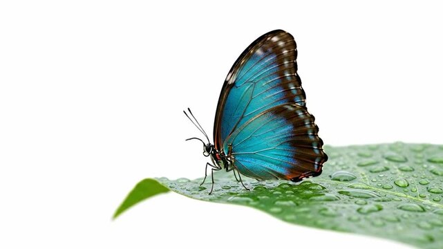 Stunning Blue Morpho Butterfly Resting on a Dewy Green Leaf Isolated on White.
