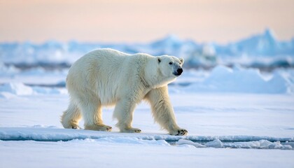 A solitary polar bear traverses an icy expanse, bathed in soft, early morning light