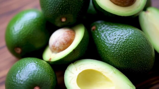 Close-up of several ripe avocados, some halved, showcasing the textured skin and the seed