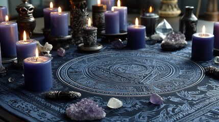 A mystic tableau featuring numerous lit candles, crystals, and a detailed circular design on a dark blue surface.