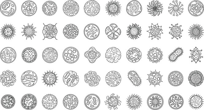 Microscopic cell bacteria icons, biological microorganism research symbols, virus germ and disease organisms, scientific laboratory medicine anatomy, biology health vector.