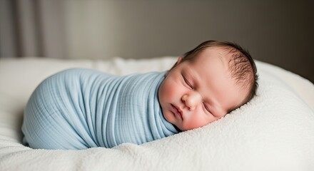 A newborn baby wrapped in a blue blanket, sleeping on a white pillow.