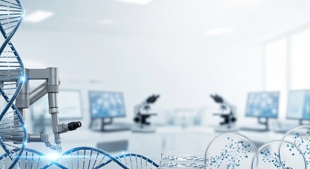 A robotic arm with a DNA strand in a laboratory setting.