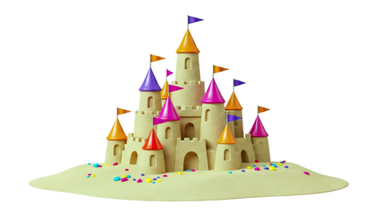 Colorful Sandcastle with Flags on a White Background