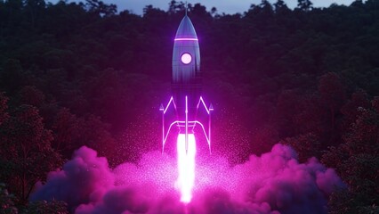 Futuristic rocket launching in forest with neon lights