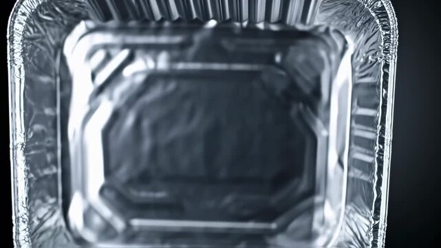 Close-up of a rectangular, aluminum container with reflective, corrugated edges