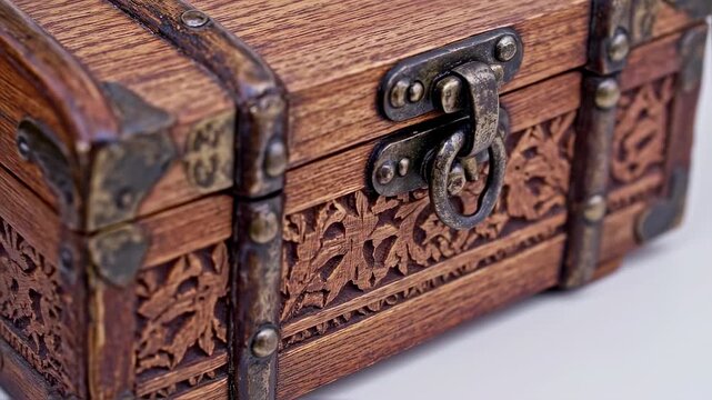 A close-up of a carved wooden chest with metal accents and intricate designs on its surface