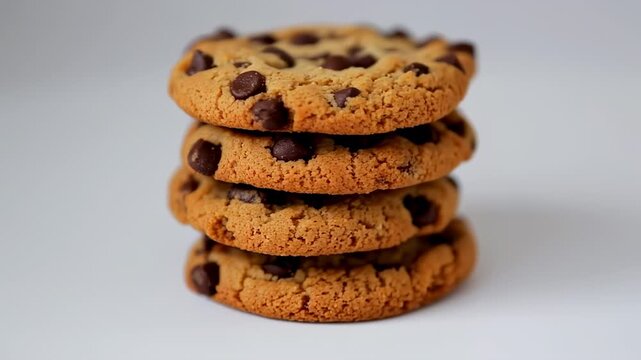 A stack of four freshly baked chocolate chip cookies. Cookies are golden brown with chocolate chips