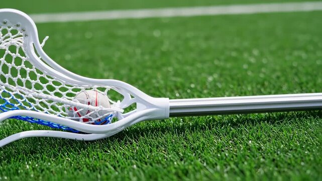 A close-up of a white lacrosse stick cradling a ball, resting on green grass