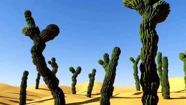 Cartoonish cacti in a sandy desert under a clear blue sky, with a bright sunny mood