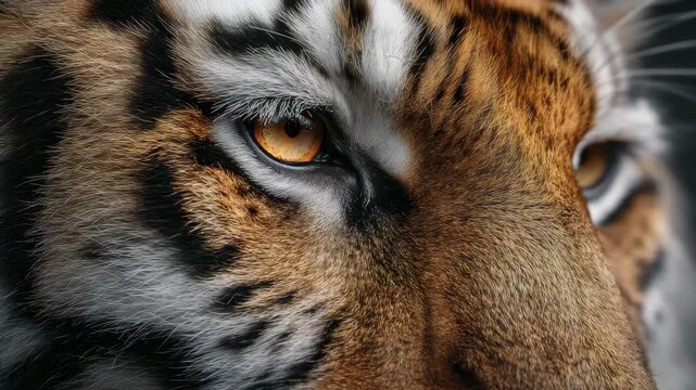 Extreme Close Up of Siberian Tiger Face and Eye Details. Realistic wild animal portrait background representing strength and predator instinct.