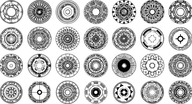 Radial mandala icon set with 25 black circular geometric patterns for abstract, decorative, and symmetrical design content