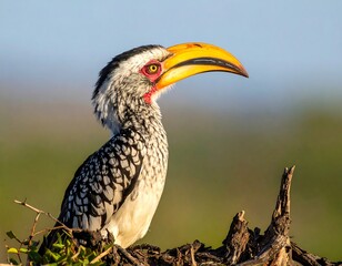 Obraz premium A large bird with a distinctive yellow beak and white and black feathers perches on a branch