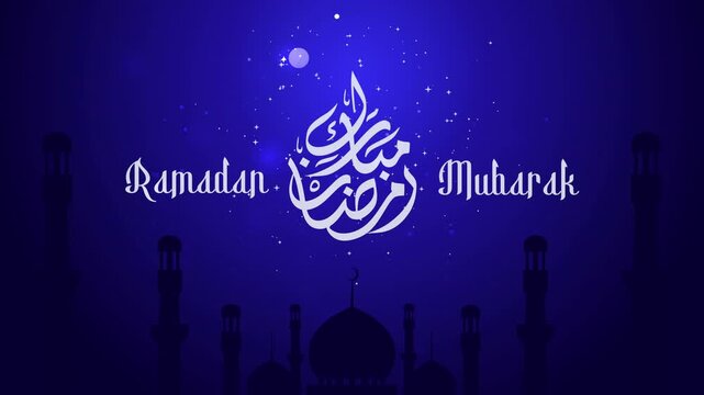 Ramadan calligraphy and mosque animation on a blue background, ideal for ramadan greeting videos, social media posts, and festive banners.