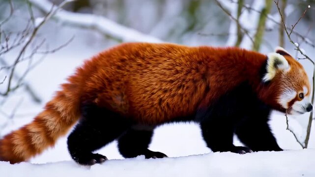 A reddish-brown animal with a long tail walks through snow, surrounded by snow-covered branches