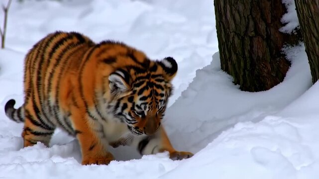 A young tiger cub, with vibrant orange and black stripes, explores a snowy landscape near a tree
