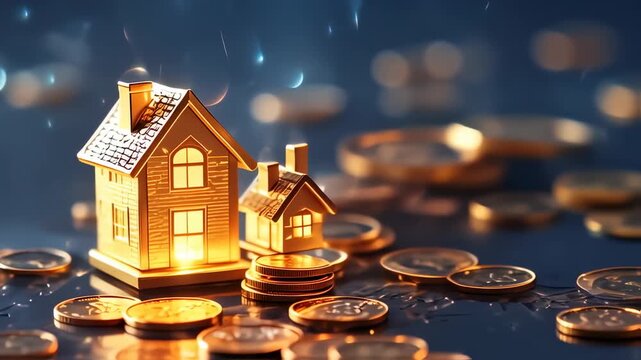 Two golden houses with coins scattered, showcasing property investment against a blurred background