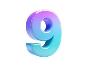 Glossy, iridescent number nine floating on a black background