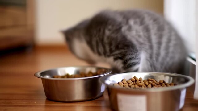 A gray and white kitten, blurred, eats from two stainless steel bowls filled with kibble on wood