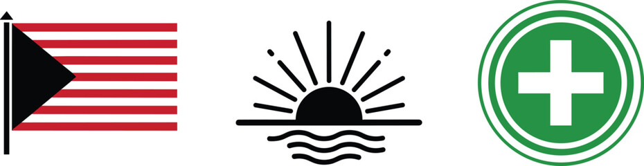 Obraz premium Set of flag and sunset symbols, medical cross icon, national identity and healthcare elements, flat vector illustration graphics for design.