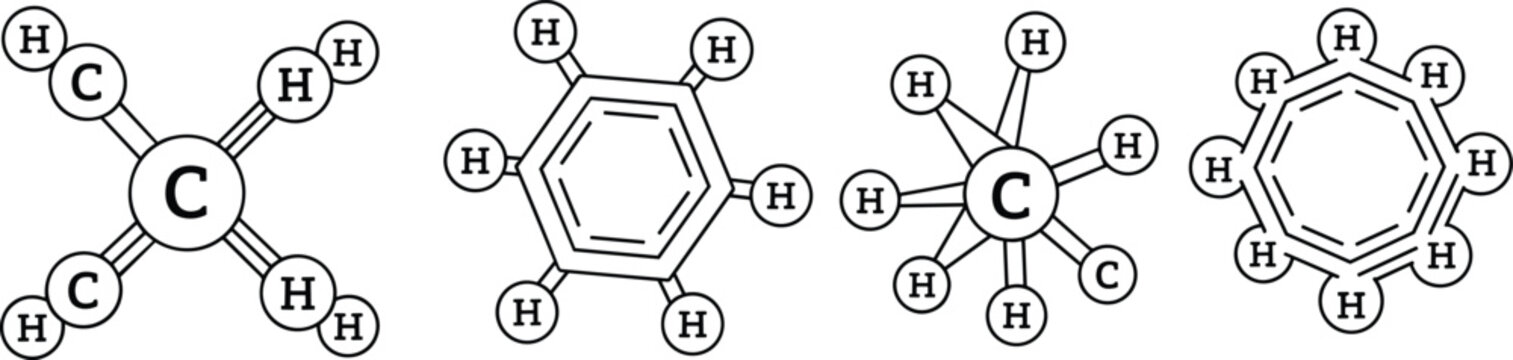 Set of four organic chemistry molecule structures including benzene ring and hydrocarbon skeletal formulas in black outline vector style