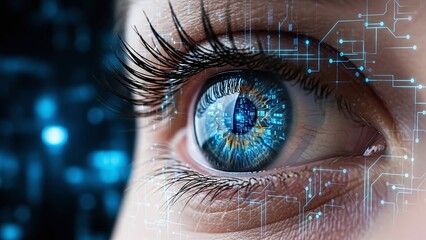 Futuristic eye with digital circuitry and cityscape reflection