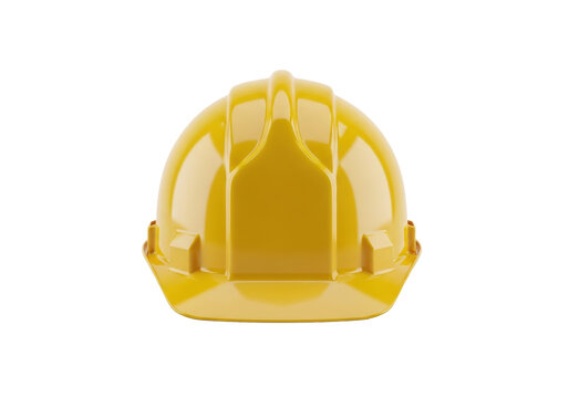 Brand new high-density polyethylene plastic safety hard hat, hazard yellow, precise front view, isolated on transparent studio background. Concept for commercial product advertising