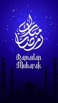 Ramadan calligraphy and mosque on blue background for festive ramadan designs. Perfect for ramadan greeting videos, social media posts, and website banners.