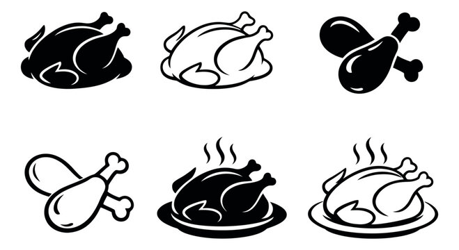Graphic line art and silhouette food icons set featuring roasted whole chicken and drumsticks for menus and restaurant themes