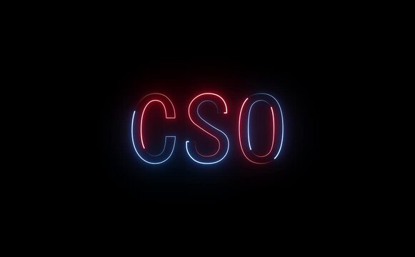 Glowing neon CSO text pulses confidently, shield, chart, and network icons animate, cyber flickers suggest leadership, security, oversight, strategy, and futuristic executive control systems globally.