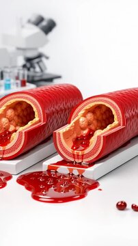 Artery plaque blood vessel model with cholesterol blockage cross section cardiovascular disease concept showing blood clot and open vessel anatomy detail for high risk health care and medical study