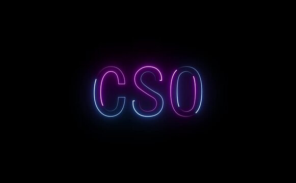 Glowing neon CSO text pulses confidently, shield, chart, and network icons animate, cyber flickers suggest leadership, security, oversight, strategy, and futuristic executive control systems globally.
