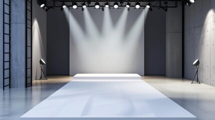 Modern Empty Stage with Spotlight and Clean White Catwalk in Minimalist Warehouse Environment for Fashion Events and Presentations