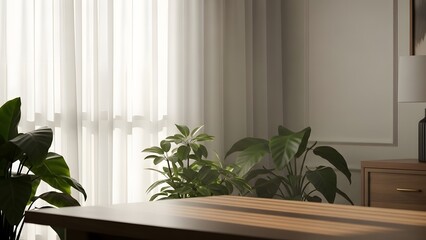 Modern Minimalist Interior with Lush Green Houseplants and Soft Natural Sunlight through Sheer Curtains