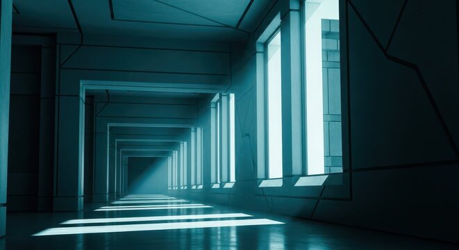 Illuminated futuristic corridor recedes into deep perspective with strong geometric lines - Powered by Adobe