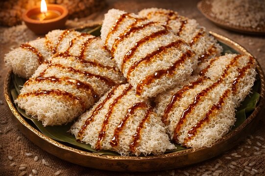 Traditional Sri Lankan Asmi Crispy Rice Sweet with Treacle Syrup on Brass Tray